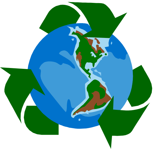 The image shows a stylized representation of Earth with recycling symbols on it at its center; around this central globe is an illustration that resembles three green leaves forming a circle above the planet's surface, and below them appears to be two hands holding up or supporting these leaf-like shapes.