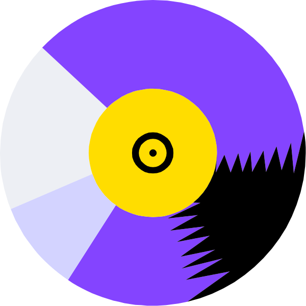 The image shows a stylized representation of an old vinyl record player with two records on it: purple for 30 RPM (revolutions per minute) and white for 45 RPM, set against a black background. There is also a needle pointing to one side of the discs indicating playback direction or selection between tracks. The image has an abstract design style without any additional context provided in this description. It does not depict people, animals, actions, or settings beyond what I've described above.