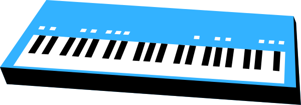 The image shows a blue keyboard with white keys against a grey background.