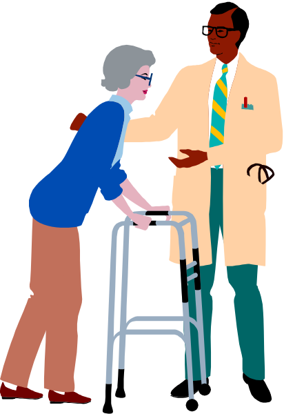 The illustration depicts a man standing next to an elderly woman who's using crutches while seated on them; he appears to be assisting her with something in their hands. They seem to be indoors, possibly at home given the casual attire of both individuals and the domestic setting suggested by the presence of what looks like a refrigerator or cupboard behind them.