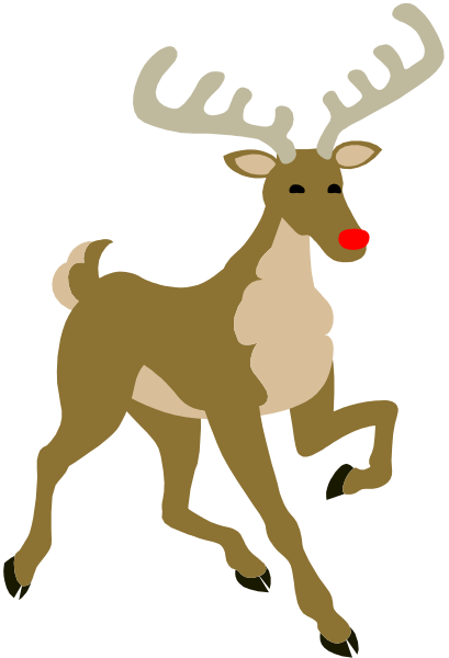 The image shows a cartoon reindeer with red nose running on what appears to be snowy ground against a black background.