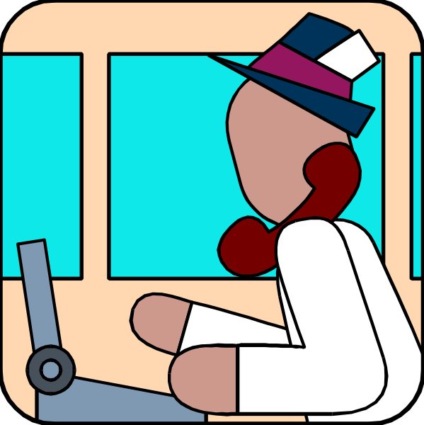 The cartoon shows a man sitting on an open bus window seat with his legs crossed over each other while looking out of it; he is wearing glasses, has red hair, wears a blue shirt, white pants and black shoes, holds onto something in front of him that resembles the steering wheel or controls for driving.