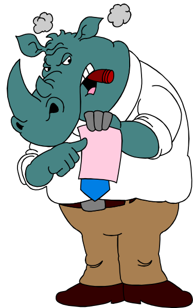 The cartoon shows a man with an elephant head holding up two signs; he is wearing red pants and has his mouth open as if speaking to someone off-camera.