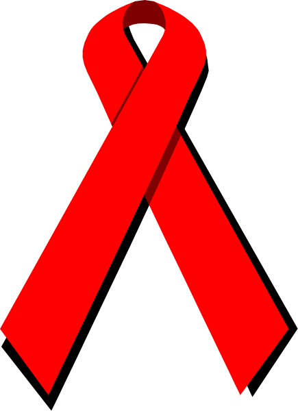 The image shows a red ribbon with an AIDS symbol on it against a black background.