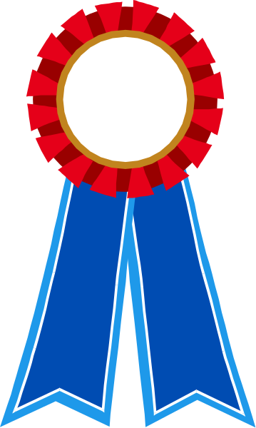 The image shows a stylized graphic of an award ribbon with blue streamers on either side, featuring what appears to be a medal in its center against a white background.