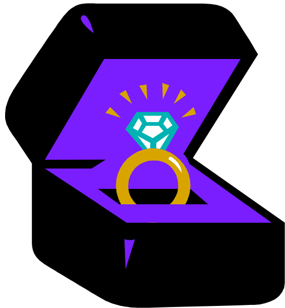 The image shows a stylized graphic of an engagement ring with a diamond on top set against a purple background; to its right is what appears to be a shield-like emblem featuring three lightning bolts, and below it there's another symbol that looks like a key or lock mechanism in gold.