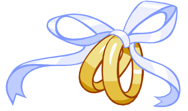 The image shows a white ribbon tied around an object that appears to be two rings with gold bands; there is no text present in this clip-art illustration.