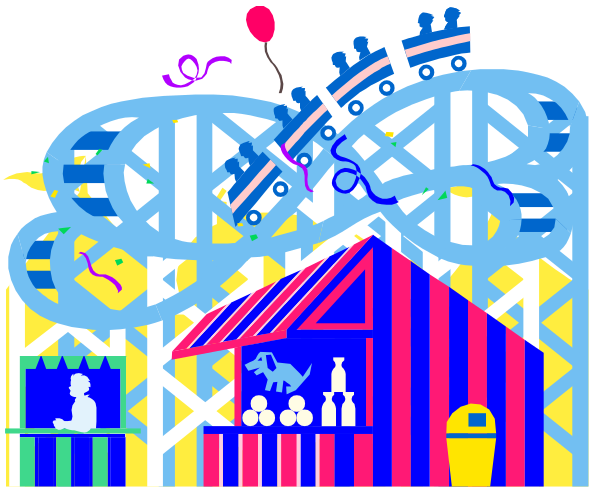 The image depicts a colorful carnival scene with various attractions such as ferris wheels, merry-go-rounds, tents, games of chance like ring tossing, dart throwing and shooting basketball hoops, along with food stands selling popcorn and cotton candy. There are also people enjoying the rides and booths in a festive atmosphere under clear skies.