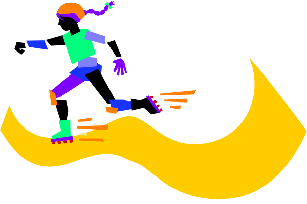 The image shows a person on skis running downhill with colorful graphics around them against an orange background that resembles fire.