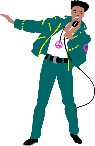 The image shows a cartoon of an animated character dressed as Michael Jackson from his iconic "Thriller" era costume, complete with white glove on one hand, standing in front of what appears to be a black and white photo background that includes another figure wearing sunglasses holding up the peace sign.