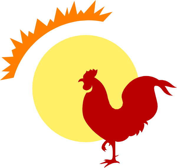 The image shows a stylized illustration of an orange sun with rays extending outward from behind it to either side; in front is silhouetted against this backdrop what appears to be a rooster, which has red plumage and stands on one leg while the other hangs down. Below them both are two crescent moons or half-circles with rays of light emanating from their centers towards each end; they seem to represent sunrises or moonsets due to this effect. The overall style is simple, flat graphic design commonly used for