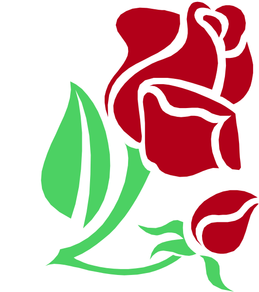 The image features a red rose with green leaves on its stem next to two roses that have been stylized into an emblem resembling a flower with petals forming letters of text.