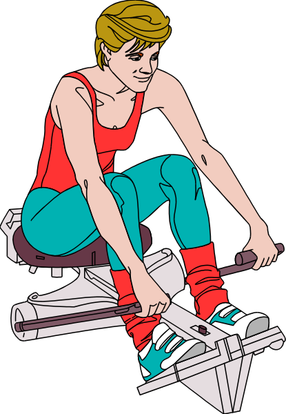 The illustration shows a woman riding an electric scooter with her hands on handlebars that resemble those of a motorcycle; she is wearing red shorts, blue sneakers, and has short hair.