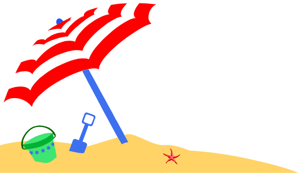 The image shows a beach scene with an umbrella on sandy ground next to two buckets; there is also a small flag in front of the umbrella that resembles the American Flag design, and it appears as though someone has set up this miniature setup for fun or decoration.