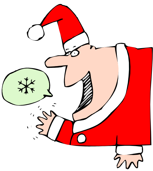 The image shows a cartoon of Santa Claus with speech bubbles containing text; he is pointing to his left while speaking into one bubble that says "Santa" in another language than English.
