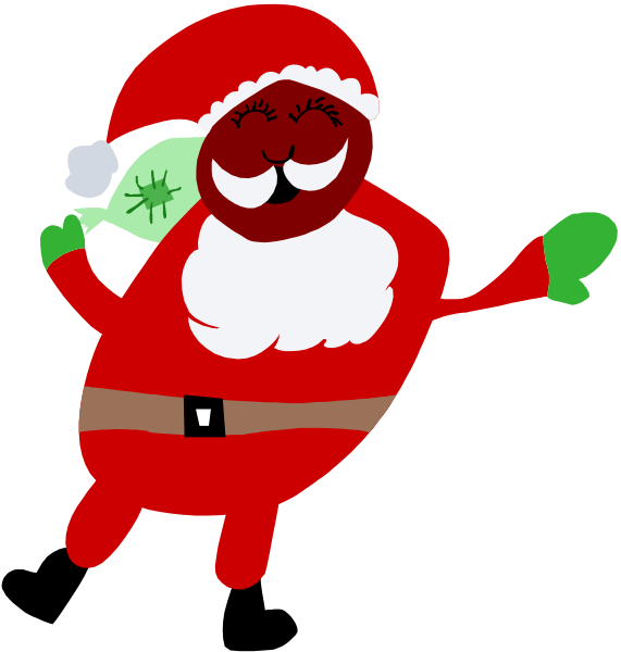 The image shows a cartoon of Santa Claus with an exaggeratedly large nose holding what appears to be mistletoe in his hand while standing on one leg against a black background.
