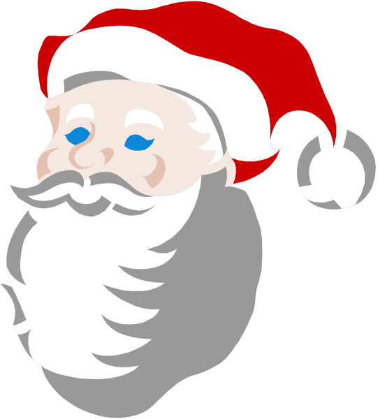 The image shows a cartoon depiction of Santa Claus with his signature red suit trimmed in white fur around the cuffs and collar, blue eyes peeking out from under his hat, which is also adorned by mistletoe leaves at its top center. He has a long gray beard that extends down to what appears to be an elfin face beneath it. Santa's right hand holds up one finger in a gesture of greeting or counting while the left arm hangs straight down with his gloved fingers pointing towards us, as if he is reaching out for something off