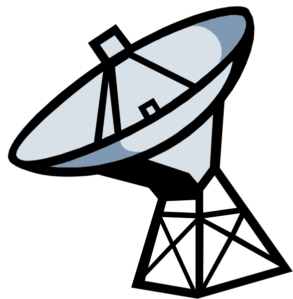 The image shows a stylized satellite dish with an antenna on top against a black background.