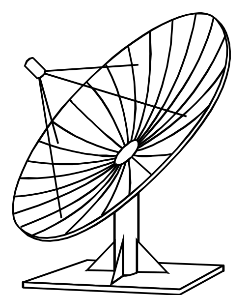 The black and white illustration shows a satellite dish with multiple panels radiating from its center to capture signals for communication purposes.