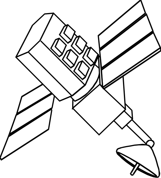 The black and white silhouette of a satellite with solar panels extended on either side against an outer space background.