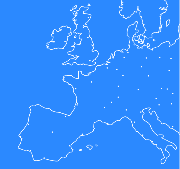 The map shows Europe with country borders outlined; there's a blue color scheme for landmasses while water bodies appear in white.