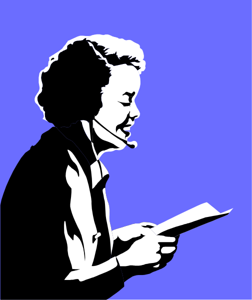 The image shows a black and white silhouette of an older woman with glasses holding what appears to be papers on her lap while sitting at a desk in front of a microphone. She is wearing headphones, suggesting she might be listening to something through them or recording audio for some purpose.
