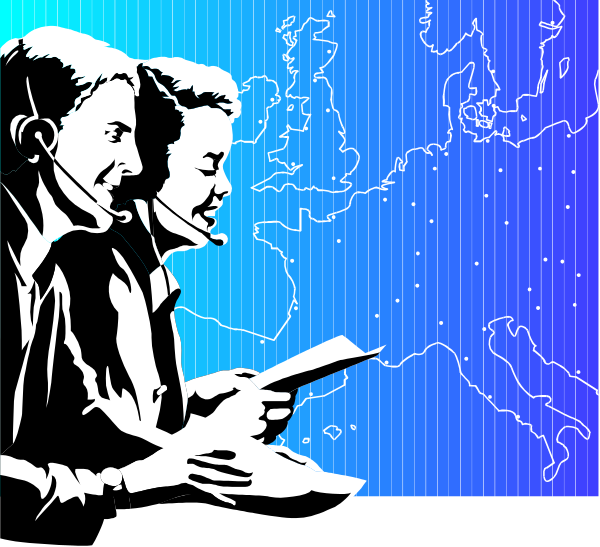 The image shows a stylized illustration of two individuals on a phone call with an overlaid map background featuring Europe in blue tones against a darker backdrop that suggests nighttime sky.