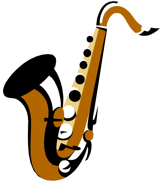 The image shows a saxophone with an orange background featuring black keys on top of it.
