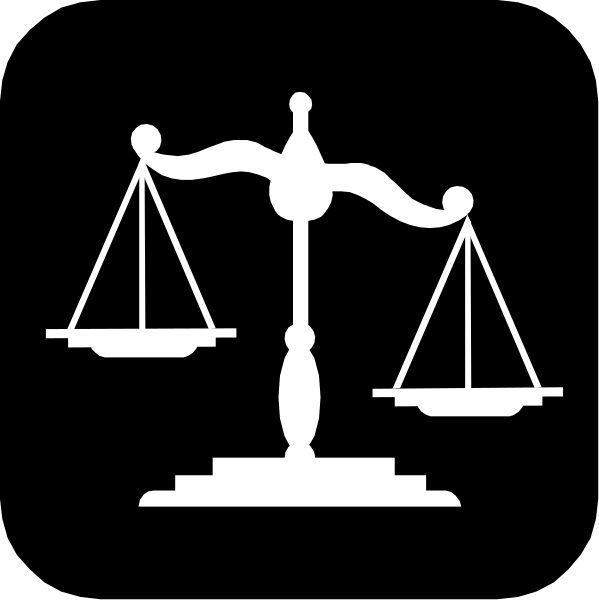 The black and white icon features a scale of justice with two pans balanced on either side; it is set against a dark background.