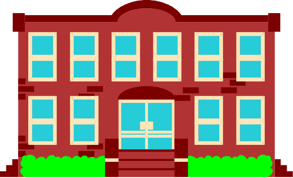 The image shows a pixelated representation of an old red brick building with white trim around windows and doors under what appears to be nighttime conditions in front of it is a small green lawn area.