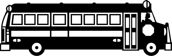 The black and white illustration shows a bus with two visible windows on its side parked next to what appears to be an empty roadway under clear skies.
