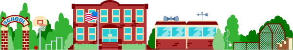The image shows a pixelated depiction of an American school with various buildings including what appears to be classrooms, gymnasiums, and administrative offices; there is also a basketball hoop visible on one side.