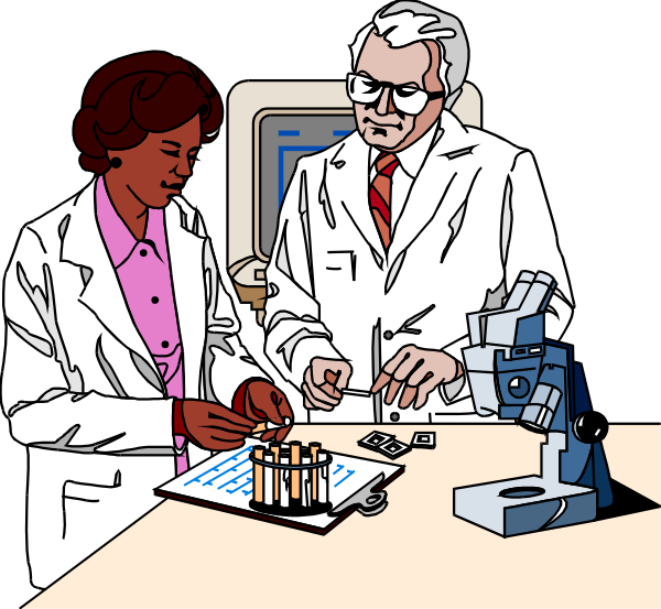The illustration depicts a scene with two scientists at a lab bench; on their left is an older man wearing glasses and holding what appears to be a microscope slide in his hand while looking intently down, next to him stands another scientist who seems focused on something off-frame but also engaged. They are surrounded by various scientific equipment such as test tubes with solutions inside them, petri dishes containing bacteria or other organisms for study, and an array of papers spread across the bench that likely contain data related to their research. The setting is a laboratory environment characterized by white lab coats