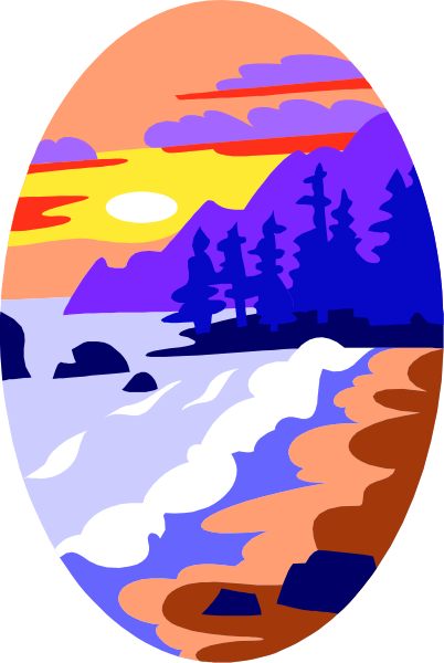 The image depicts a tranquil beach scene at sunset with mountains on either side of an oval window frame that is set against a sky filled with clouds in shades of blue to purple.