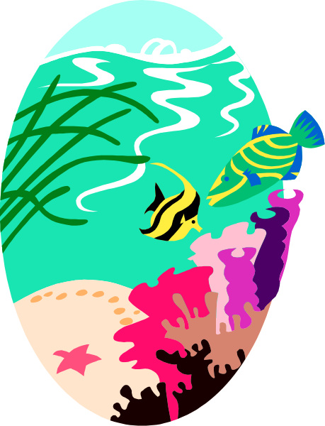 The illustration depicts an underwater scene with a fish swimming near coral reefs, surrounded by various marine life such as seaweed and starfish in different shades of pink, purple, yellow, green, blue, red, orange, white, black, gray, brown, beige.
