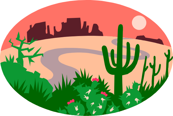 The image depicts a desert landscape with cacti at sunset featuring an oasis scene under a pink sky.