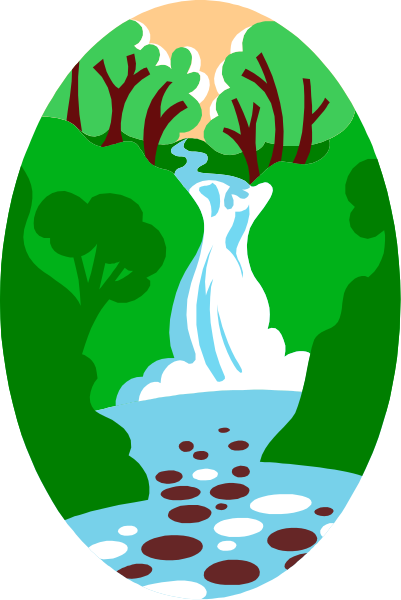 The illustration depicts a serene landscape scene with trees on either side of a winding river that flows under an archway into what appears to be a valley beyond.