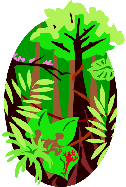 The image shows a cartoon of an animal sitting under trees with green leaves on either side, surrounded by jungle plants in front of it.