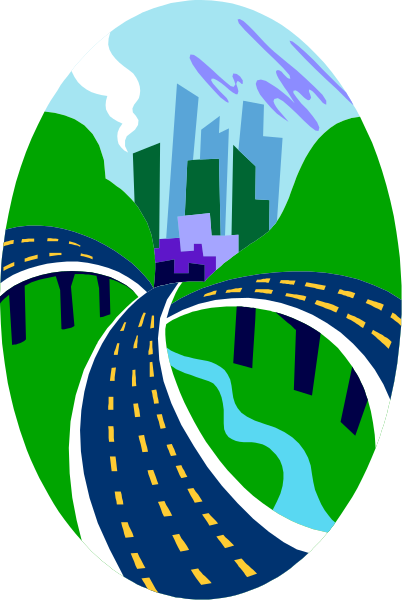 The image shows a stylized illustration of an interstate highway with curved lanes leading to a cityscape in the background under blue skies; there is no text present on this clip-art graphic.