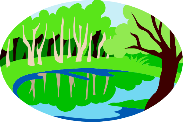 The image shows a tranquil scene of nature with trees on both sides forming an arch over water that reflects them back upwards; it's daytime under clear skies.