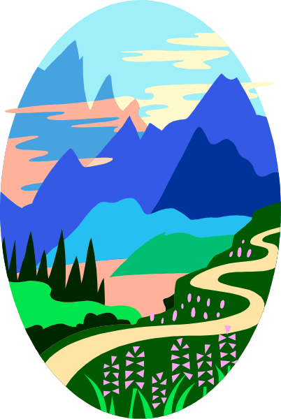 The image depicts a colorful landscape scene with mountains, trees, flowers, grassy areas, roads winding through valleys, and an egg-shaped frame around it all.