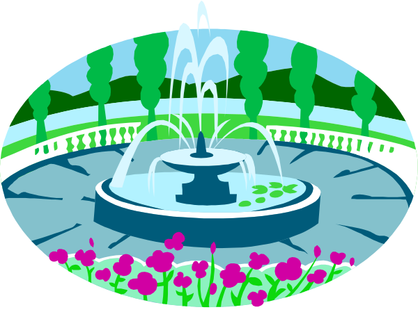 The image shows a stylized depiction of an outdoor fountain with water spouting from it into two pools on either side; there is no text present in this clip-art illustration.