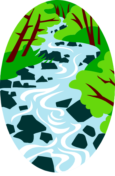 The illustration depicts a winding river flowing through lush green trees with red accents on either side of it in what appears to be an outdoor natural environment.