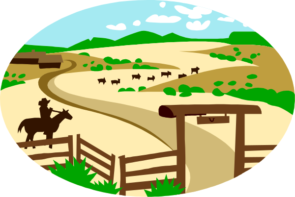 The image depicts a cartoon scene of an old western town with wooden fences surrounding it; there is a dirt road leading to the town from which two cowboys on horses can be seen riding towards the viewer, and in front of them stands a corral containing several cows grazing.