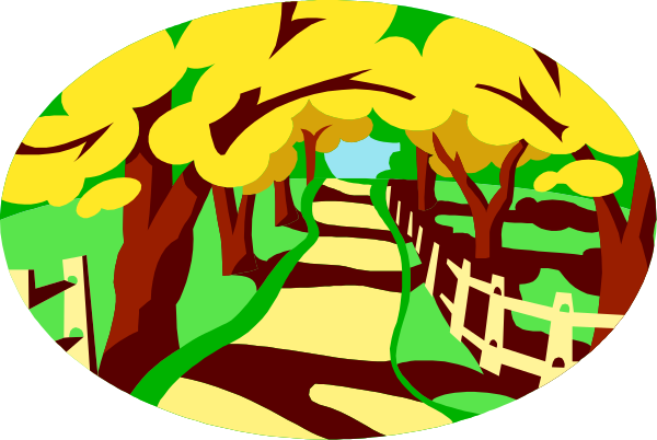 The image shows a cartoon of an autumnal scene with trees changing color to yellow and orange leaves on either side of a winding road leading towards a tunnel under some kind of archway in what appears to be fall foliage, suggesting it's set during late summer or early autumn when the tree colors are at their peak.