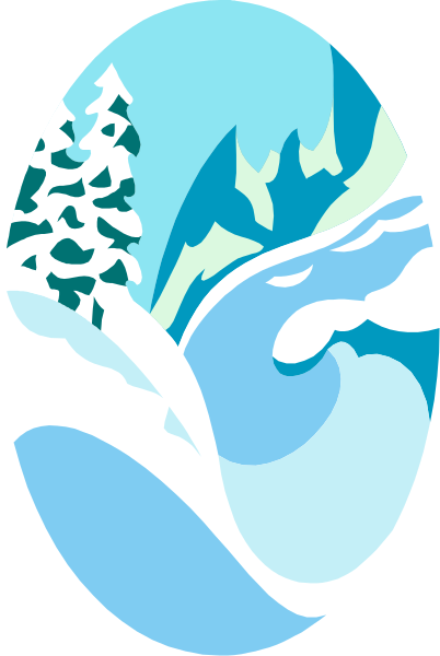 The image shows a stylized oval with an illustration of trees on either side at top corners, depicting nature scenes in winter; below is water that appears to be frozen over, suggesting cold weather conditions and possibly ice skating activity near it.