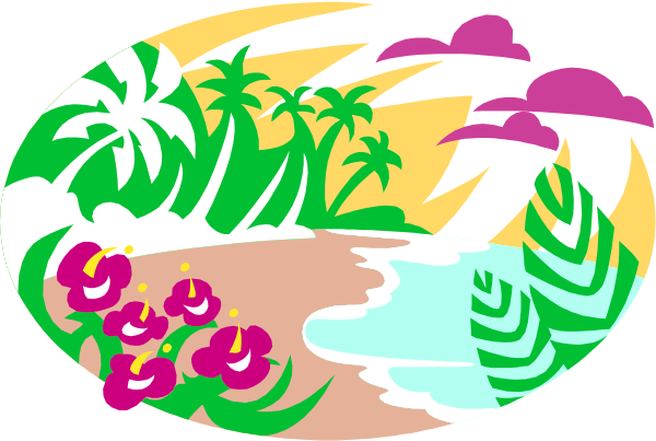 The image shows a colorful tropical scene with palm trees on either side of a river flowing through an island landscape under blue skies dotted with clouds.
