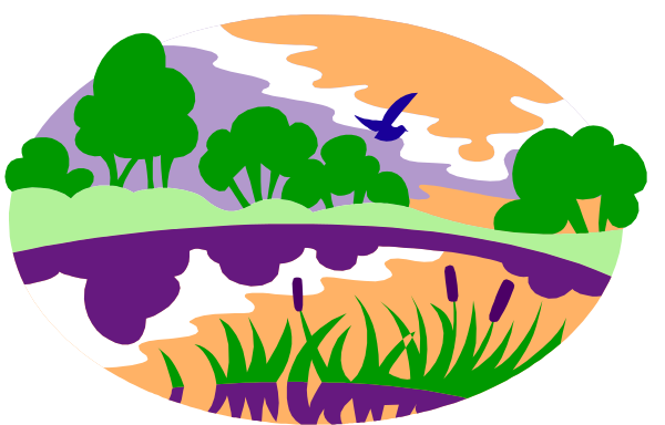 The image shows a stylized landscape with trees on either side of what appears to be a river flowing through it under an overcast sky at sunset.