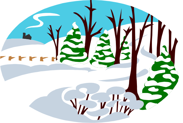 The image shows a winter scene with snow on trees and ground; there's an oval window framing this view from inside where it appears to be dark outside of that frame.