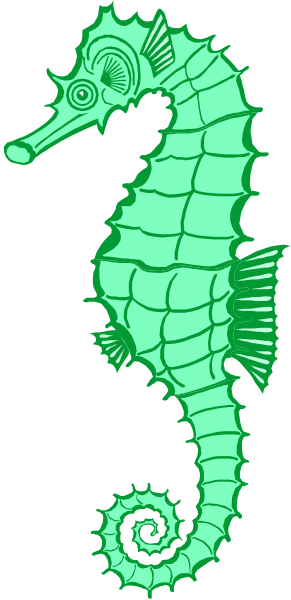 The image shows a stylized green seahorse with an intricate design on its body against a dark background.